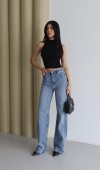 Yüksek Bel Geniş Kalıp Boydan Full Taşlı Blue Jean Pantolon