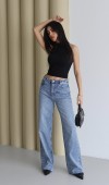 Yüksek Bel Geniş Kalıp Boydan Full Taşlı Blue Jean Pantolon