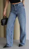 Yüksek Bel Geniş Kalıp Boydan Full Taşlı Blue Jean Pantolon