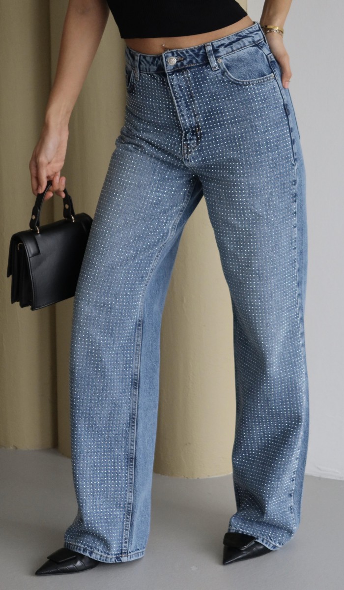Yüksek Bel Geniş Kalıp Boydan Full Taşlı Blue Jean Pantolon