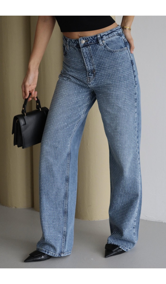 Yüksek Bel Geniş Kalıp Boydan Full Taşlı Blue Jean Pantolon