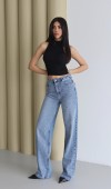 Yüksek Bel Geniş Kalıp Boydan Full Taşlı Blue Jean Pantolon