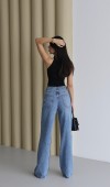 Yüksek Bel Geniş Kalıp Boydan Full Taşlı Blue Jean Pantolon
