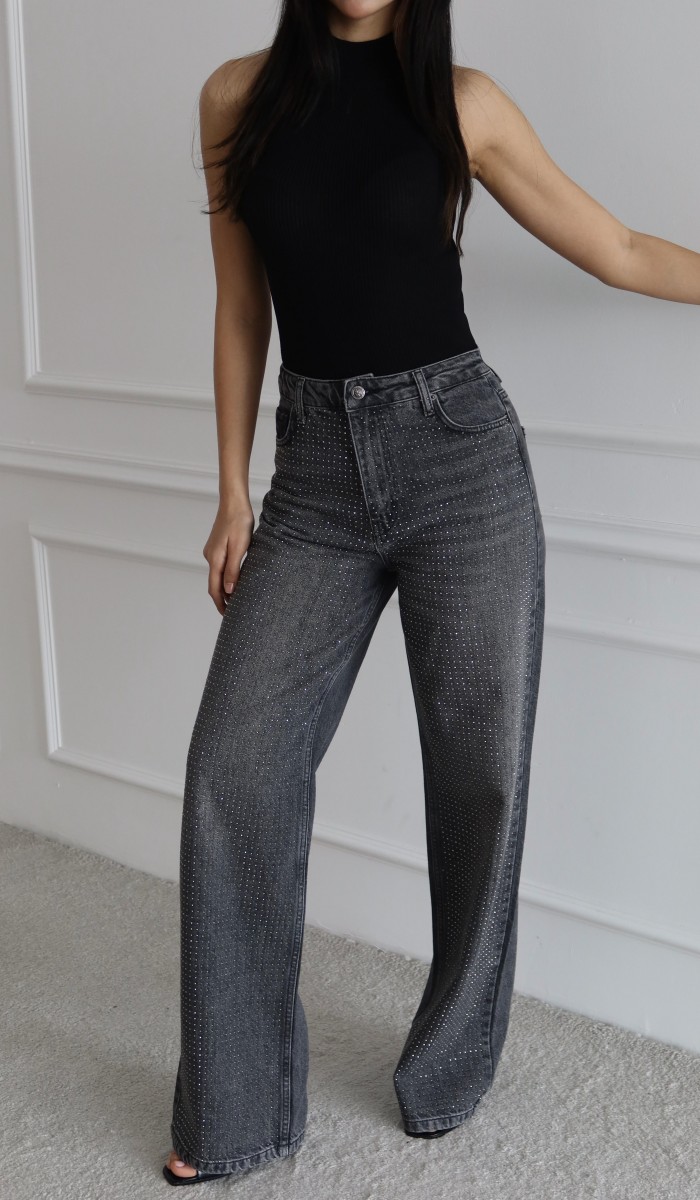 Yüksek Bel Rahat Kesim Antrasit Boydan Taşlı Jean Pantolon