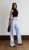 Yüksek Bel Wideleg Kalıp Ön Arka Taş Detaylı Light Blue Jean Pantolon