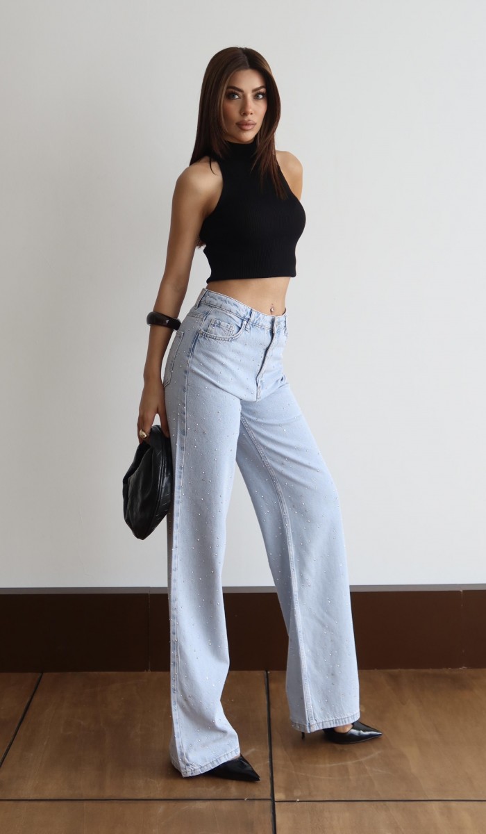 Yüksek Bel Wideleg Kalıp Ön Arka Taş Detaylı Light Blue Jean Pantolon