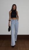 Yüksek Bel Wideleg Kalıp Ön Arka Taş Detaylı Light Blue Jean Pantolon
