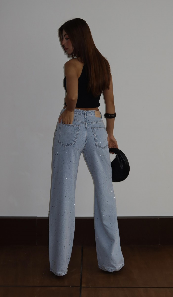 Yüksek Bel Wideleg Kalıp Ön Arka Taş Detaylı Light Blue Jean Pantolon