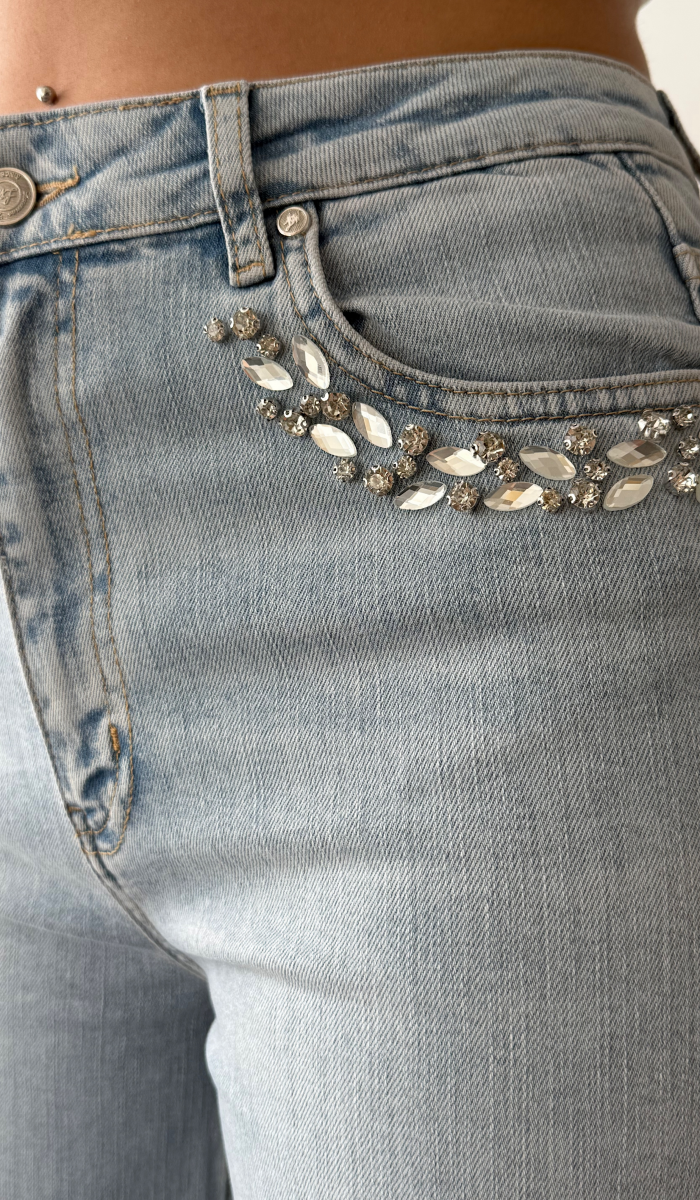 Yüksek Bel Cep Ön Cep Taş İşleme Detaylı Light Blue Jean Pantolon