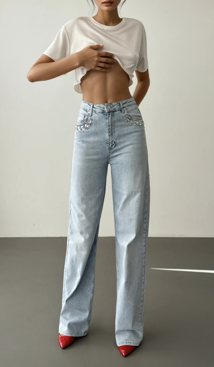 Yüksek Bel Cep Ön Cep Taş İşleme Detaylı Light Blue Jean Pantolon