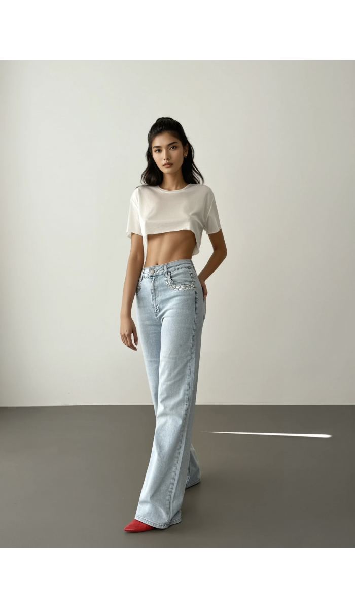 Yüksek Bel Cep Ön Cep Taş İşleme Detaylı Light Blue Jean Pantolon