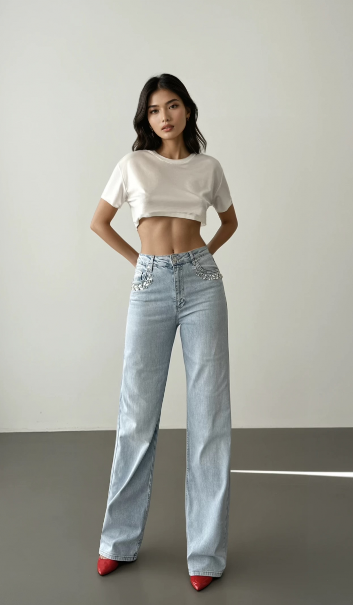 Yüksek Bel Cep Ön Cep Taş İşleme Detaylı Light Blue Jean Pantolon
