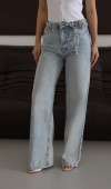 Yüksek Bel Kemer Kuşak ve Gül Çiçek Broş Detaylı Blue Tint Jean Pantolon