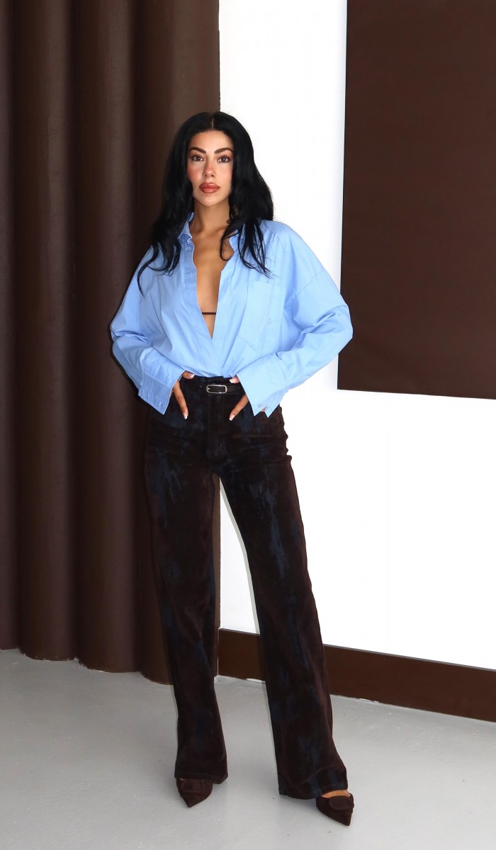Yüksek Bel Flok Baskılı Denim Kahve Jean Pantolon