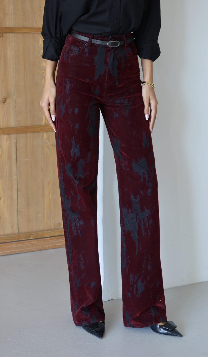 Yüksek Bel Flok Baskılı Siyah Bordo Jean Pantolon