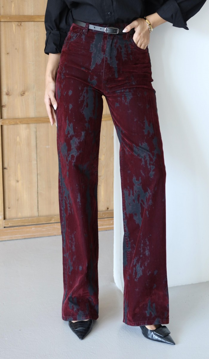Yüksek Bel Flok Baskılı Siyah Bordo Jean Pantolon