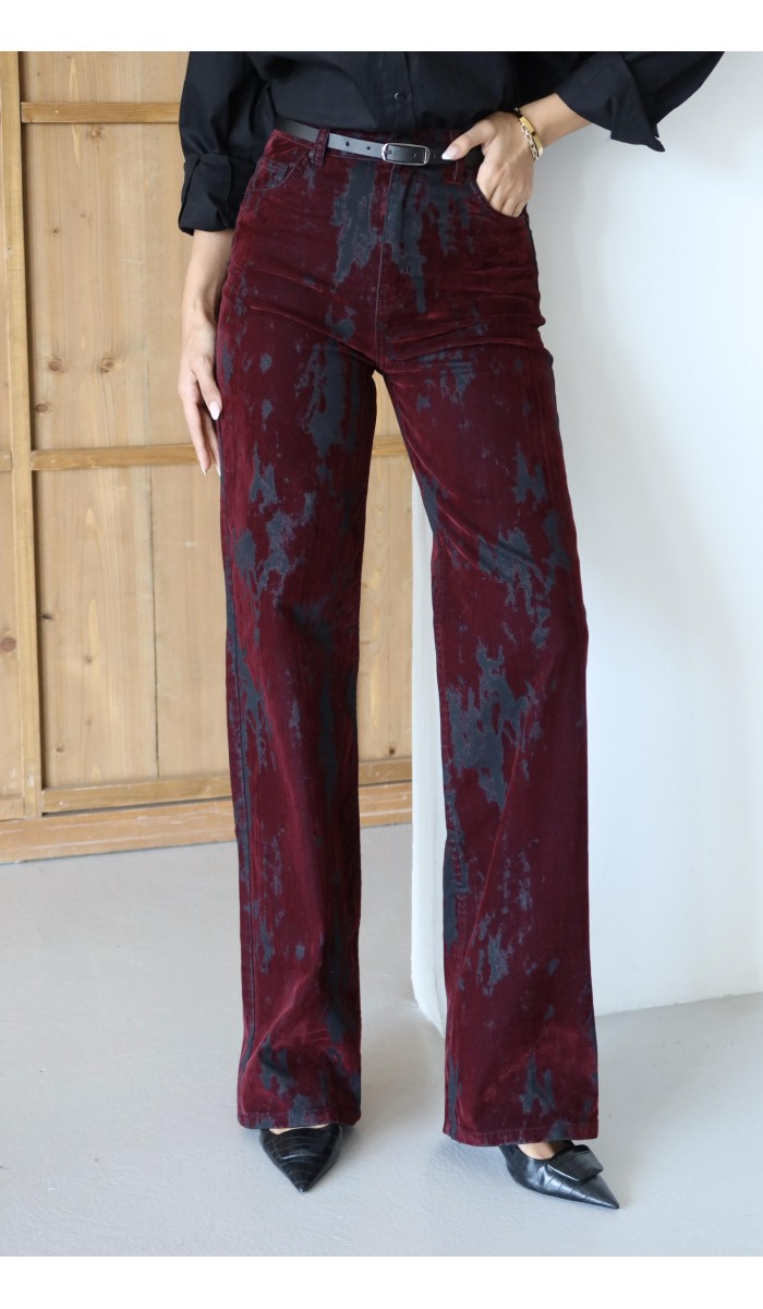 Yüksek Bel Flok Baskılı Siyah Bordo Jean Pantolon