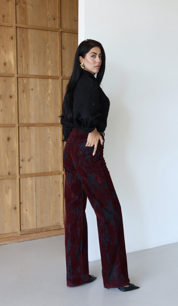 Yüksek Bel Flok Baskılı Siyah Bordo Jean Pantolon