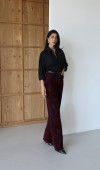 Yüksek Bel Flok Baskılı Siyah Bordo Jean Pantolon