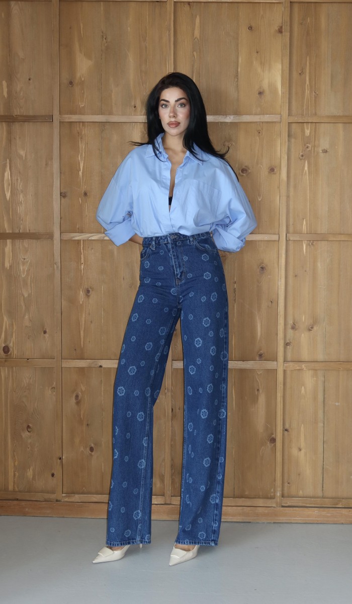 Yüksek Bel Geniş Kesim Çiçek Desenli Dark Blue Jean Pantolon Yüksek Bel Geniş Kesim Çiçek Desenli Dark Blue Jean Pantolon