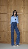 Yüksek Bel Geniş Kesim Çiçek Desenli Dark Blue Jean Pantolon Yüksek Bel Geniş Kesim Çiçek Desenli Dark Blue Jean Pantolon