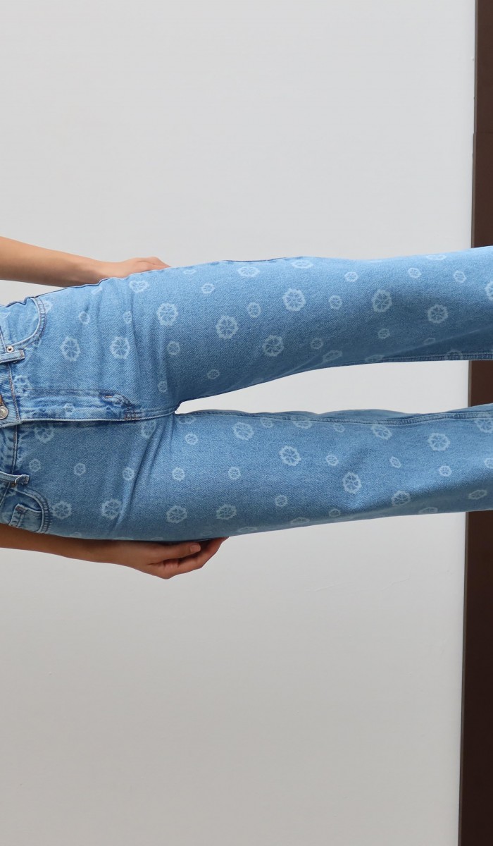 Yüksek Bel Geniş Kesim Wıdeleg Kalıp Çiçek Basklı Jean Pantolon