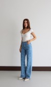 Yüksek Bel Geniş Kesim Wıdeleg Kalıp Çiçek Basklı Jean Pantolon