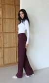 Yüksek Bel Geniş Kesim Çiçek Desenli Bordo Jean Pantolon