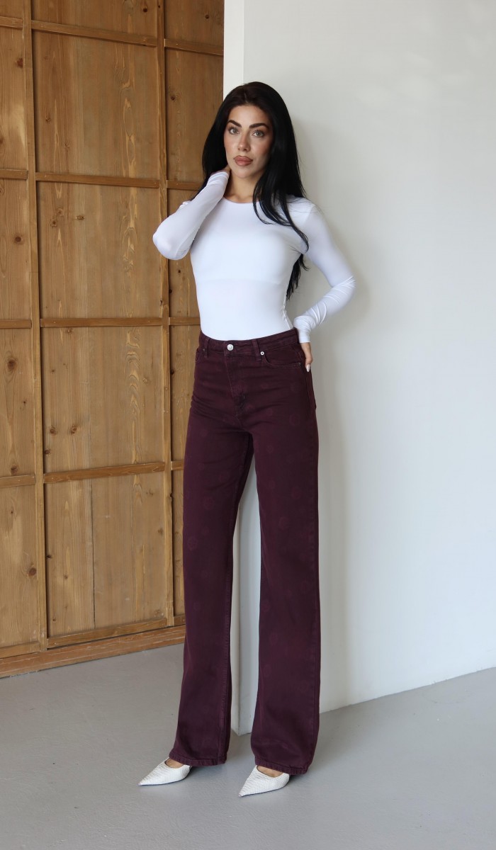 Yüksek Bel Geniş Kesim Çiçek Desenli Bordo Jean Pantolon