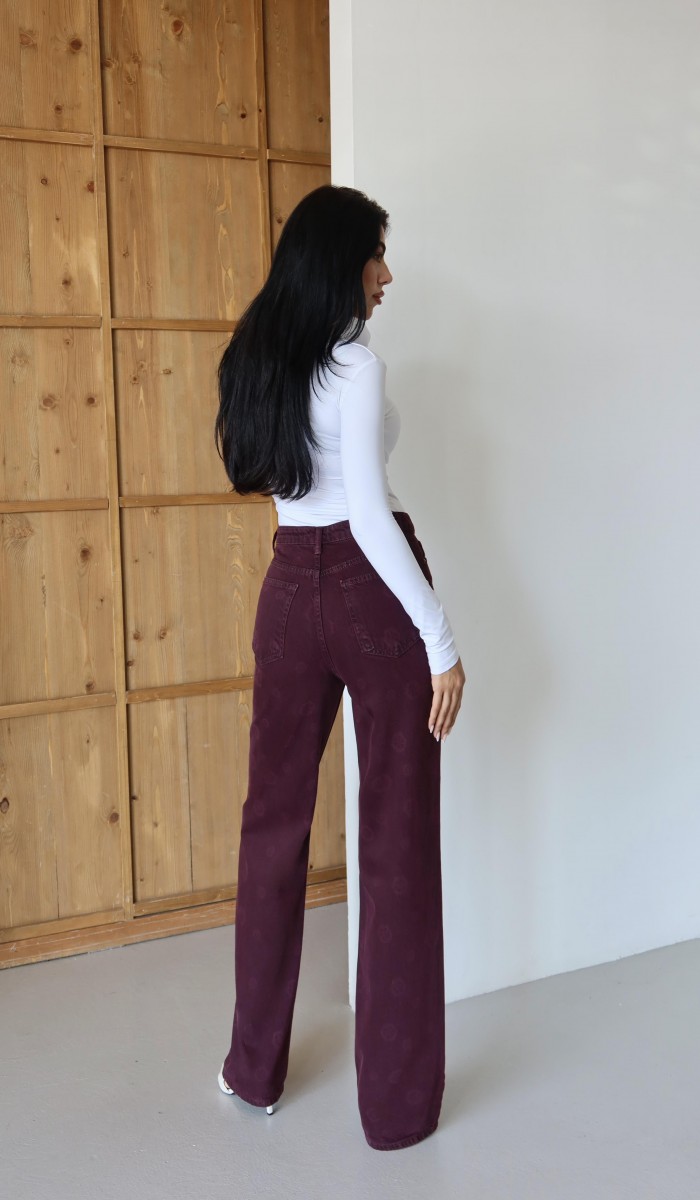 Yüksek Bel Geniş Kesim Çiçek Desenli Bordo Jean Pantolon