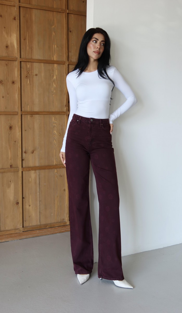 Yüksek Bel Geniş Kesim Çiçek Desenli Bordo Jean Pantolon