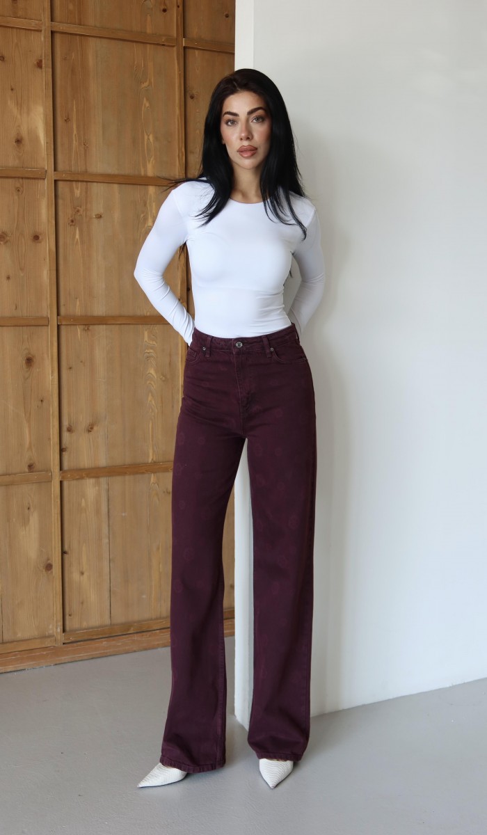 Yüksek Bel Geniş Kesim Çiçek Desenli Bordo Jean Pantolon