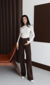 Yüksek Bel Geniş Kesim Çiçek Desenli Kahve Jean Pantolon