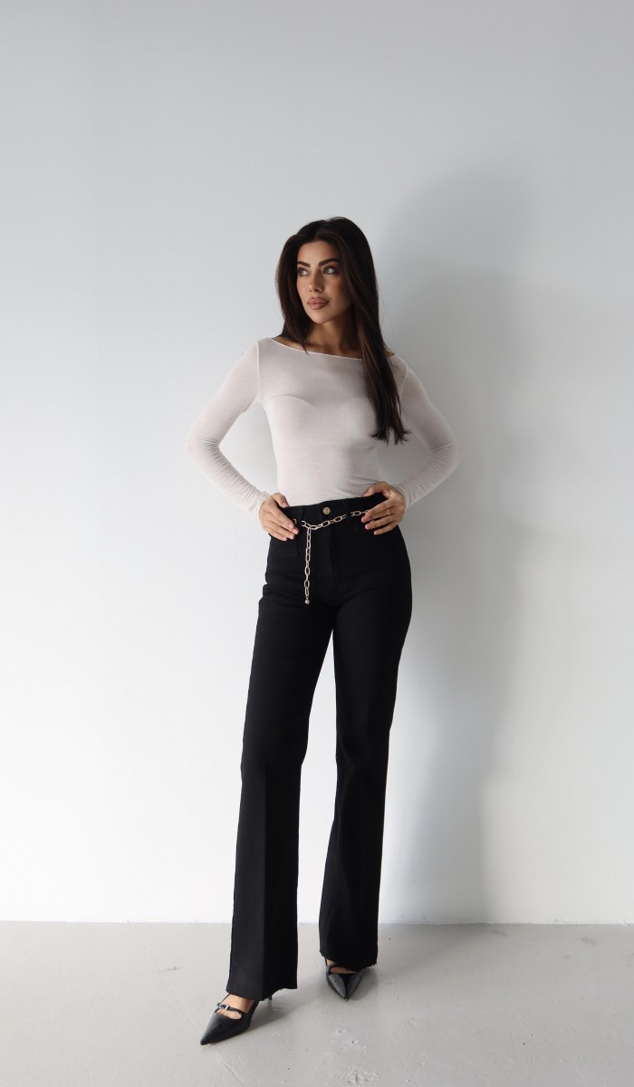 Yüksek Bel Kemer Zincir Detaylı Black Jean Pantolon