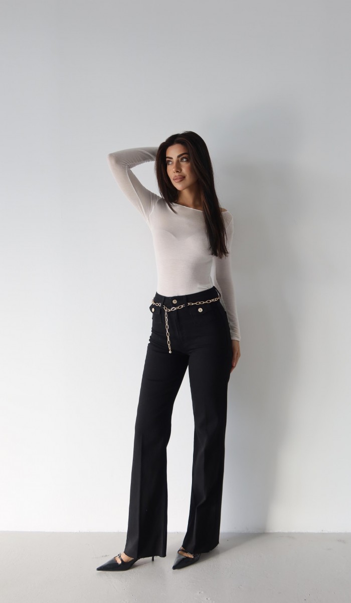 Yüksek Bel Kemer Zincir Detaylı Black Jean Pantolon