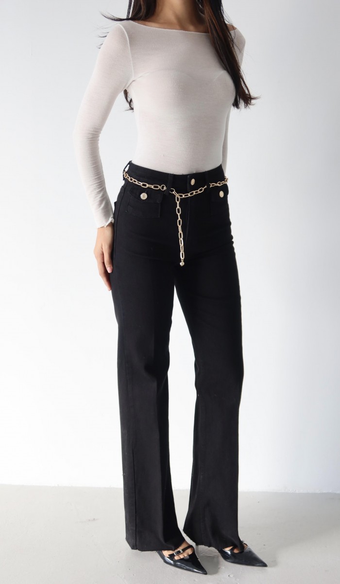 Yüksek Bel Kemer Zincir Detaylı Black Jean Pantolon