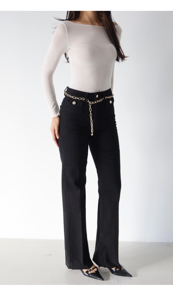 Yüksek Bel Kemer Zincir Detaylı Black Jean Pantolon