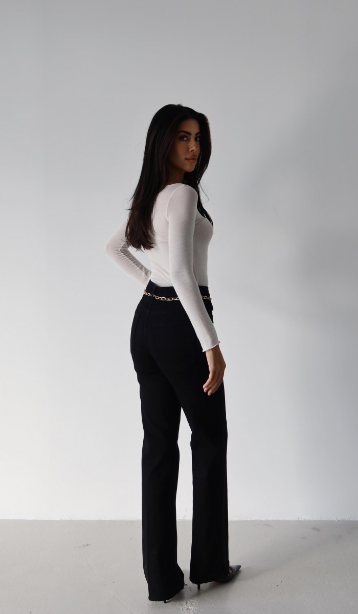 Yüksek Bel Kemer Zincir Detaylı Black Jean Pantolon