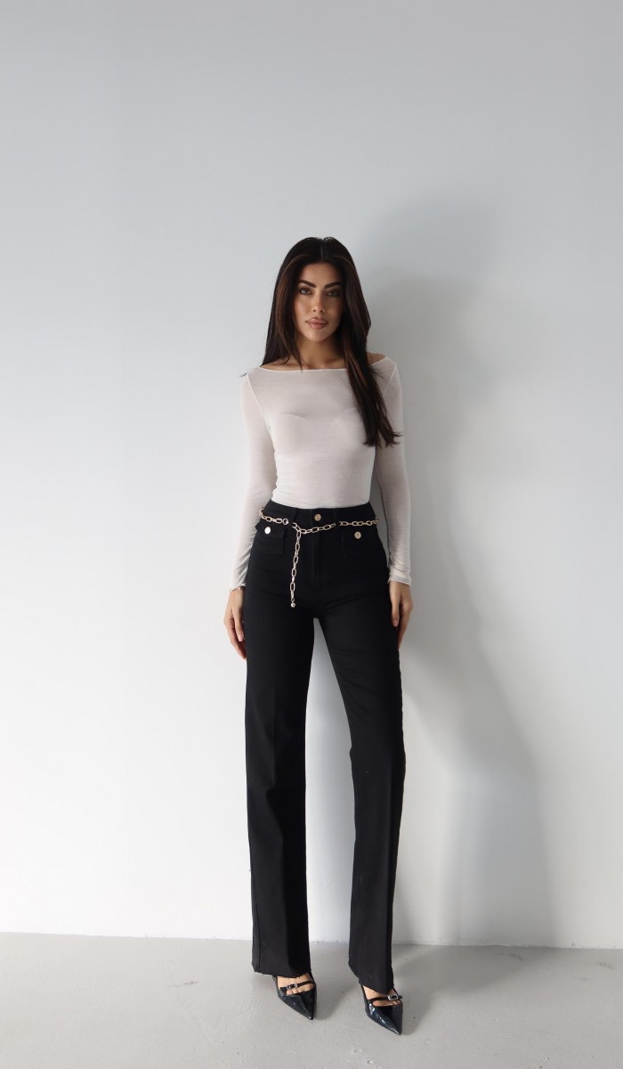 Yüksek Bel Kemer Zincir Detaylı Black Jean Pantolon