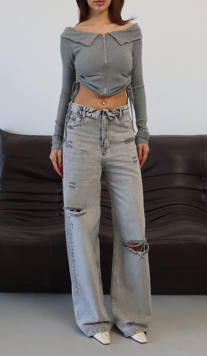 Düşük Bel Ters Kemer Detaylı Wide Leg Kalıp Lazerli Gri Jean Pantolon Düşük Bel Ters Kemer Detaylı Wide Leg Kalıp Lazerli Gri Jean Pantolon