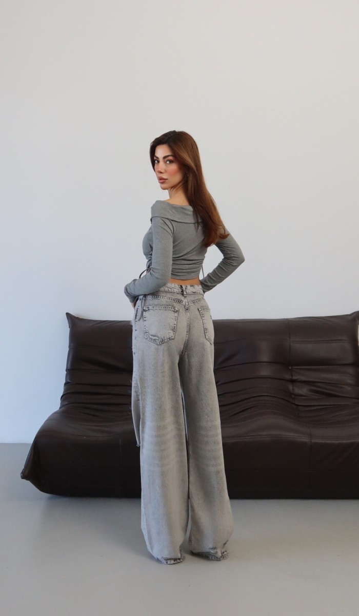 Düşük Bel Ters Kemer Detaylı Wide Leg Kalıp Lazerli Gri Jean Pantolon
