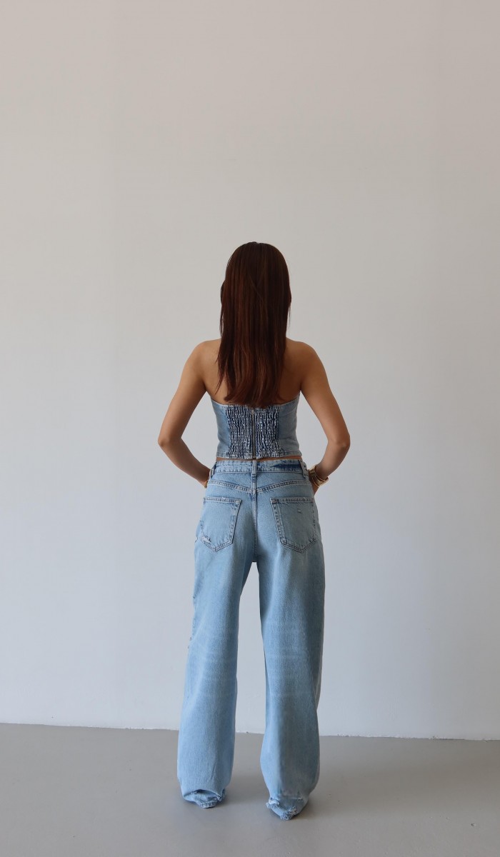 Düşük Bel Lazer Detaylı Wide Leg Kalıp Ice Blue Lazerli Jean Pantolon