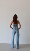 Düşük Bel Lazer Detaylı Wide Leg Kalıp Ice Blue Lazerli Jean Pantolon