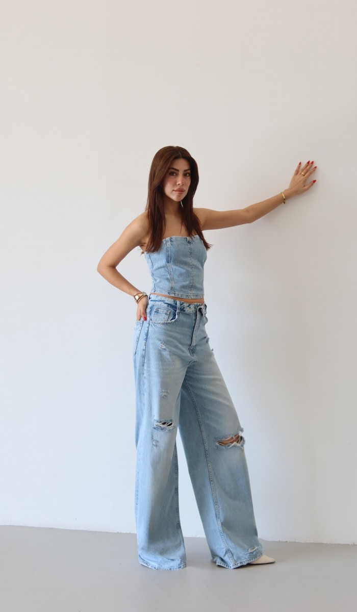 Düşük Bel Lazer Detaylı Wide Leg Kalıp Ice Blue Lazerli Jean Pantolon