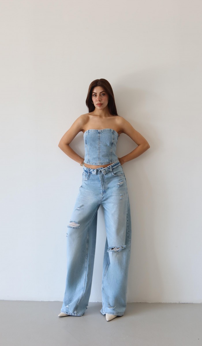 Düşük Bel Lazer Detaylı Wide Leg Kalıp Ice Blue Lazerli Jean Pantolon