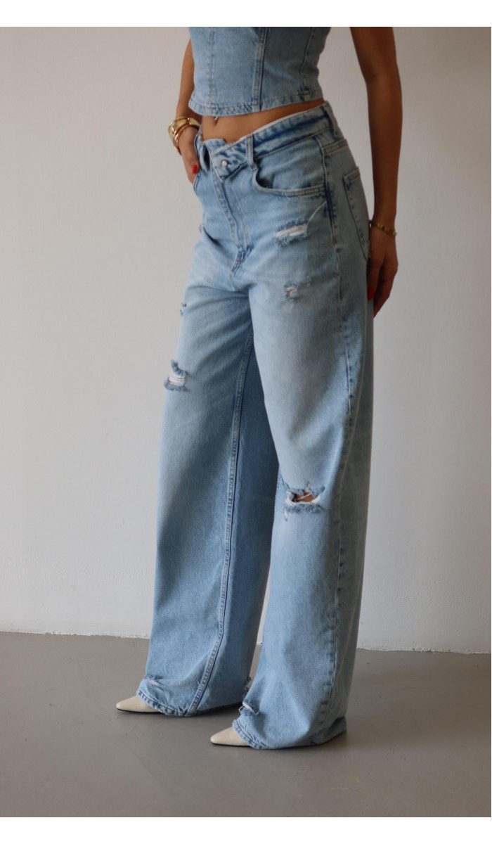 Düşük Bel Lazer Detaylı Wide Leg Kalıp Ice Blue Lazerli Jean Pantolon