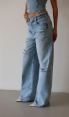 Düşük Bel Lazer Detaylı Wide Leg Kalıp Ice Blue Lazerli Jean Pantolon