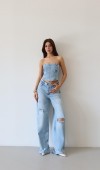 Düşük Bel Lazer Detaylı Wide Leg Kalıp Ice Blue Lazerli Jean Pantolon