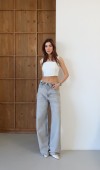Yüksek Bel Ters Kemer Detaylı Wide Leg Kalıp Gri Jean Pantolon