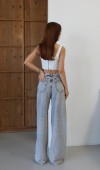 Yüksek Bel Ters Kemer Detaylı Wide Leg Kalıp Gri Jean Pantolon